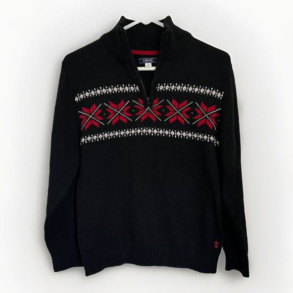 NEW Izod Boy's (10/12) Medium - Holiday Black/red Fair Isle Quartzip Sweater $50 - Picture 1 of 7